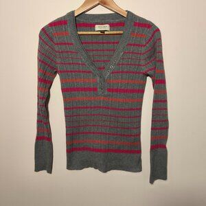 y2k Sonoma 100% Cotton Striped Ribbed Knit V-Neck Henley Sweater sz M Gray Pink